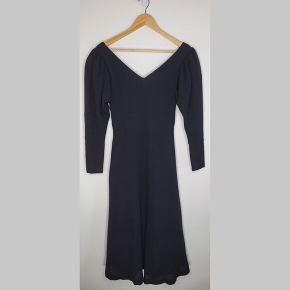 Vintage LAURA ASHLEY Black Wool Princess Dress Size 8 Puff Sleeve Cottagegoth - Picture 4 of 13